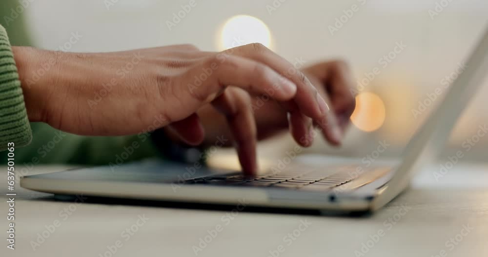 Wall mural Hands of person, laptop keyboard and typing in home for planning research, administration or blog post on social media. Closeup, computer or editing information for elearning, email or update article