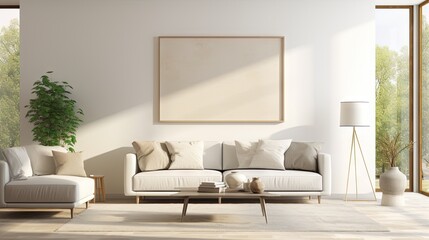 Contemporary living room with blank white poster, 3D visualization.