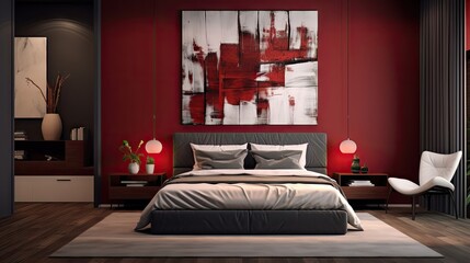 Contemporary interior design with dark colored accent bedroom, maroon wall, cherry bed, and blank wall for art.