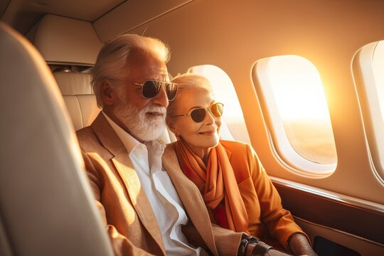 Old Lovely Couple Have A Flight In Private Jet Plane During Sunset