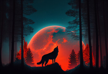 The wolf looks up at the red moon. AI Generated