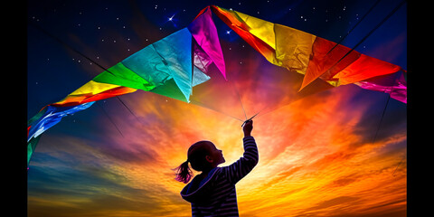 Enthralling hands of a child uplifting a colourful kite, with stunning digital light around the tail symbolizing outdoor wonder and imaginative freedom.