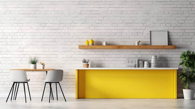 Minimalist cafe design with concrete counter, white wall shelves, yellow chairs in a white table waiting area, brick wall with frame mockup, and concrete floors.