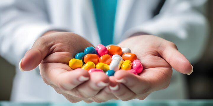 Closeup of doctor holding pills in hands.