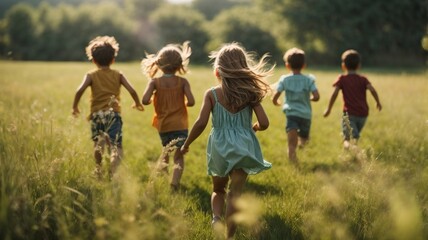 Obraz premium boys and children run in the meadow at sunset happy and in company. Friendship and fun. Freedom among boys and young people, long live life, enjoy life. New opportunities. New beginning. AI generative
