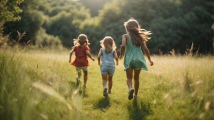boys and children run in the meadow at sunset happy and in company. Friendship and fun. Freedom among boys and young people, long live life, enjoy life. New opportunities. New beginning. AI generative