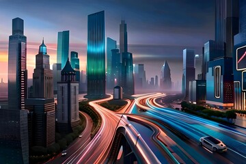 a futuristic cityscape at dusk, with hovering AI-powered vehicles zipping between towering skyscrapers. The city's streets are illuminated by the soft glow of neon lights ai generates