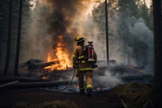 Firefighter puts out and tames fire and fire flames high in the woods. Fire danger, global warming. Risk of fire, drought and high temperatures. Hot and stuffy. Criminals and arsonists. AI generative.