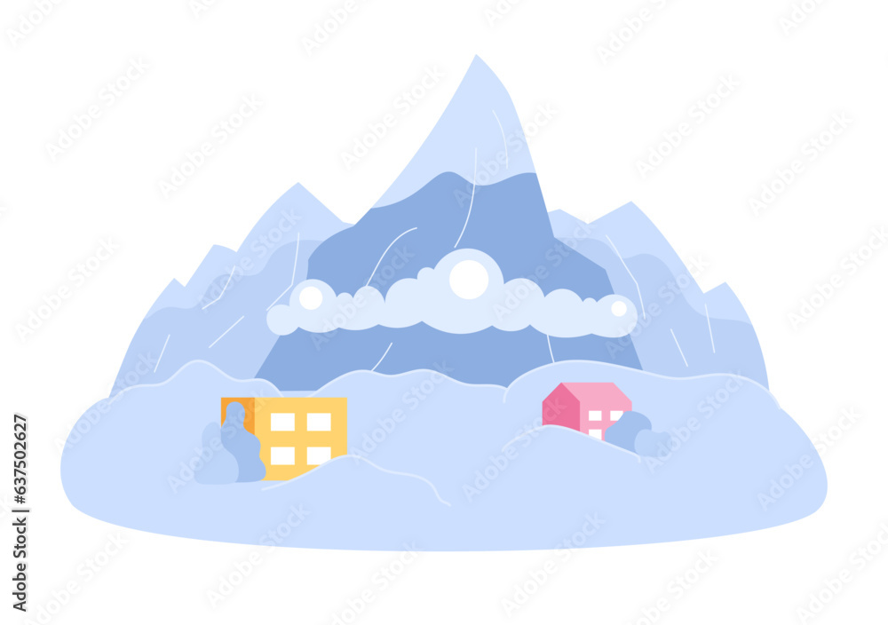 Poster avalanche occurrence flat concept vector spot illustration. mass of snow falling down from slope. sn