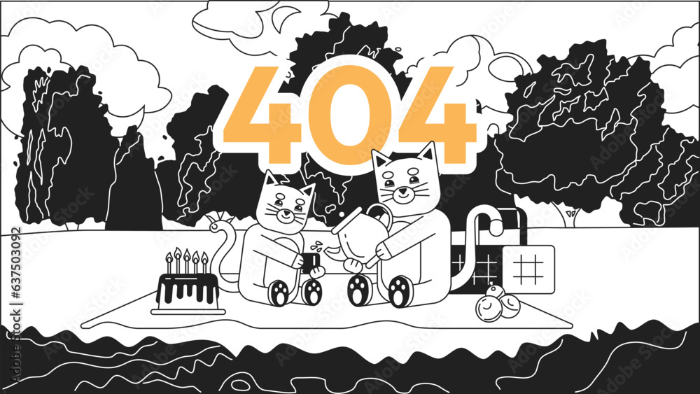 Poster kittens in picnic black white error 404 flash message. drinking tea in park. monochrome website land