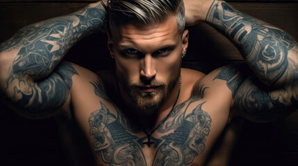 Muscular tattooed man lying on his back with his hands behind head looking at the camera.  - Powered by Adobe