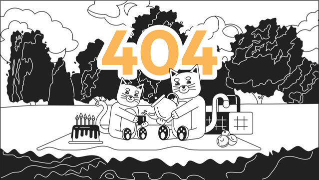 Kittens in picnic black white error 404 flash message. Drinking tea in park. Monochrome website landing page ui design. Not found cartoon image, kawaii vibes. Vector flat outline illustration concept