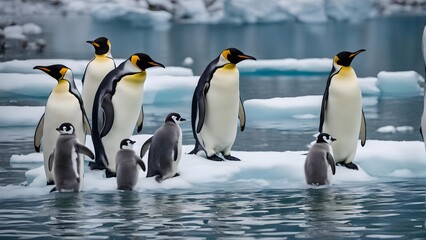 Fototapeta premium A view of a cute Emperor Penguin family with a small offspring, on snowy Antarctic landscape.