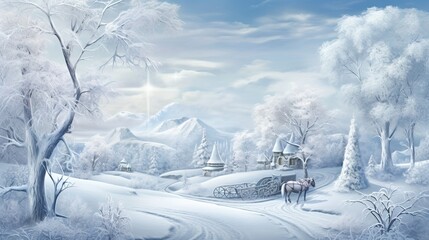  a painting of a snowy landscape with a horse and carriage.  generative ai