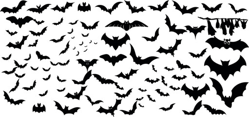 vector illustration showcasing a chaotic formation of bats in flight, perfect for Halloween themes. The diverse sizes and shapes of the bats, scientifically known as Chiroptera