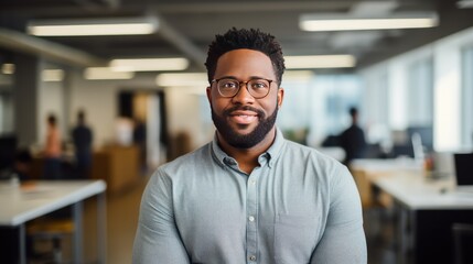 Obraz premium Black affican american guy works at tech company as manager. Generative by AI
