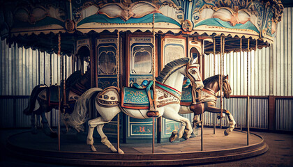 Old fashion carousel with horses. Vintage style illustration. AI generated.