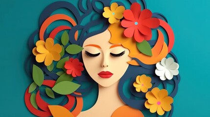 Woman face with floral decoration. Paper applique, beauty background.