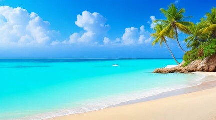 stunning view of a beach with palm trees, can be use as background, copy space.
