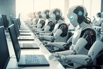 Office of the future. Many robots are typing on laptops. Artificial intelligence works on computers.