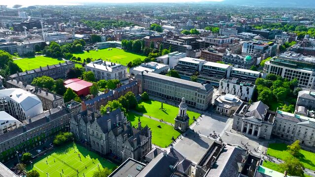 Aerial view of Trinity College in Dublin, the sole constituent college of the University of Dublin and a research university in Dublin, Ireland