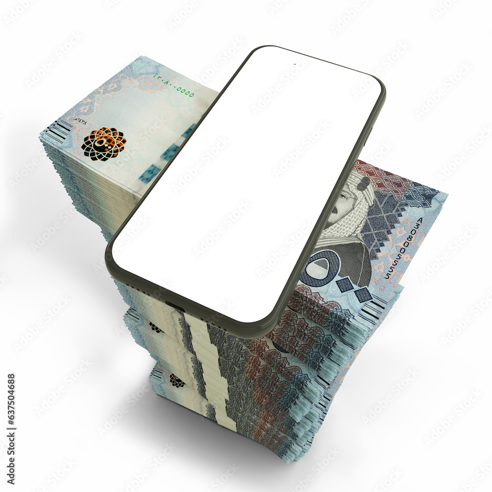 Poster 3d rendering of a mobile phone with blank screen on top of stacks of saudi riyal notes isolated on w
