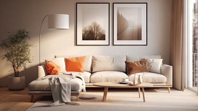 Create a contemporary 3D visualization of a poster frame within a Scandinavian inspired living space.