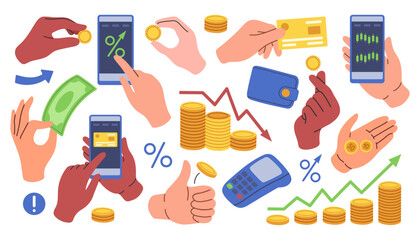 Hands holding money set. Arms with coins, banknotes, bank cards, paying, counting, giving currency. Finance flat design.
