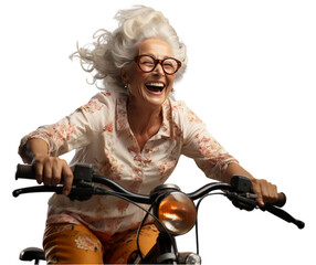 Szczęśliwa stara kobieta jedzie na rowerze. Widok z przodu, przeźroczystość, png. - obrazy, fototapety, plakaty