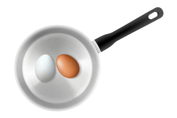 Top view of two eggs in saucepan with water isolated on white background. Realistic 3d vector design. Model of kitchen utensils. Equipment for preparing food
