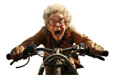 przerażona stara kobieta jedzie na rowerze,przeźroczyste tło, png. - obrazy, fototapety, plakaty