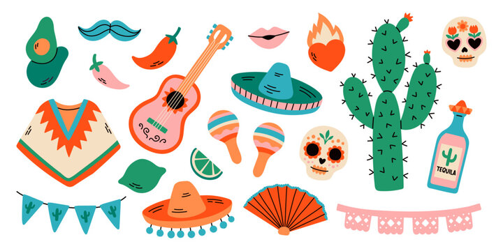 Mexican fiesta set, bright festival party decoration, Cinco de Mayo. Vector flat style illustration isolated on white