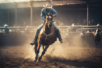 bucking bronco horse in a dusty rodeo arena. ai generative - obrazy, fototapety, plakaty