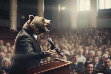Grizzly bear in a business suit speaks on the podium in front of a large gathering of people - obrazy, fototapety, plakaty