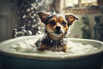 Small dog being washed in bathtube. ai generative