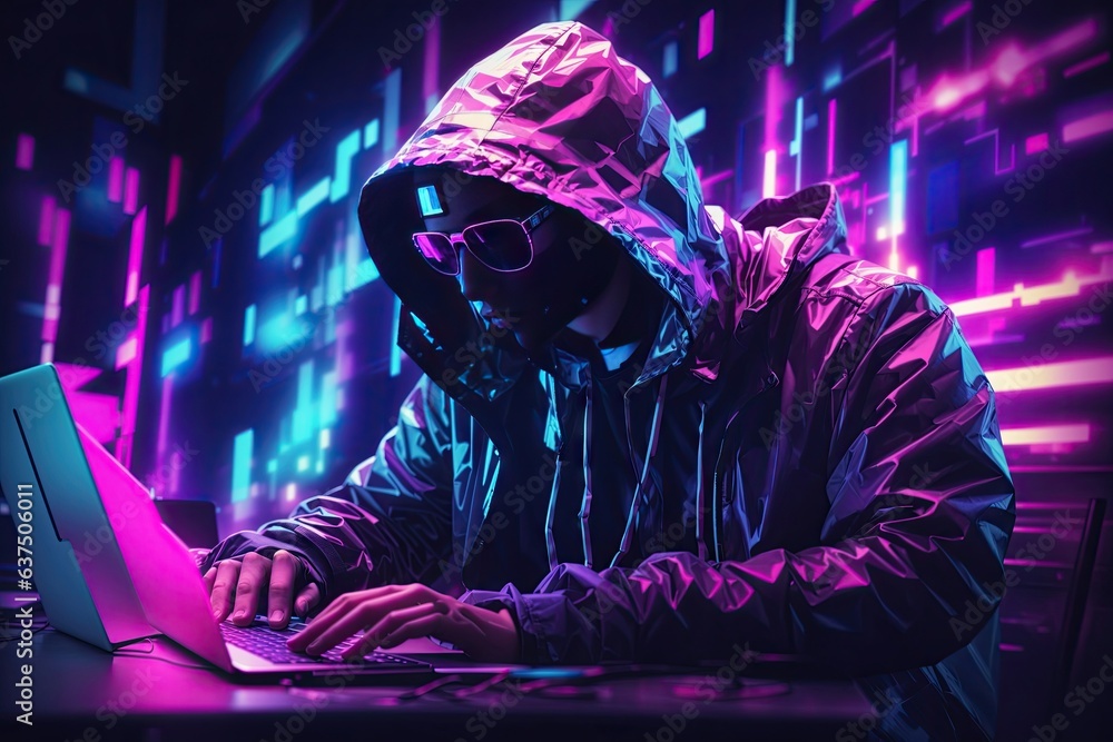 Poster hacker using laptop neon abstract illustration. ai generative