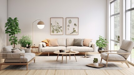 Modern Scandinavian home interior design characterized by an elegant living room featuring a comfortable sofa, mid century furniture, cozy carpet, wooden floor, white walls, and home plants. - Powered by Adobe
