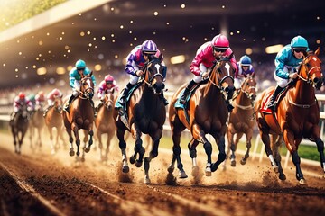 Horse Racing horses with jockeys race. ai generative