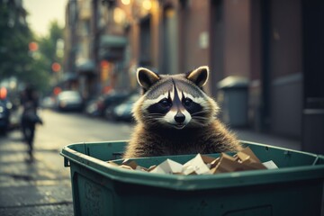 raccoon in the trash bin on the street. ai generative