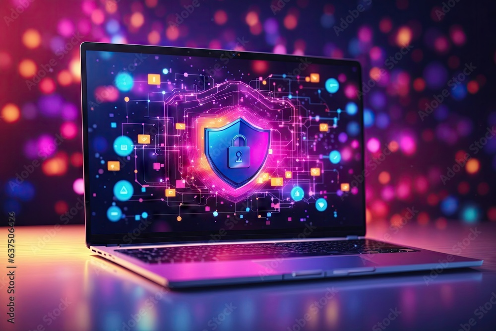 Poster laptop on the screen lock cyber security data. ai generative