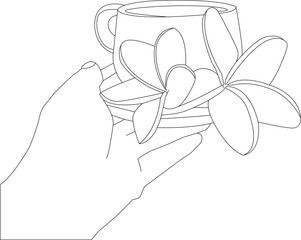 one line drawing hand holding flower and outline vector on white background