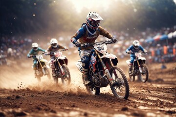 Naklejka premium Closeup of mountain motocross race in dirt track. ai generative