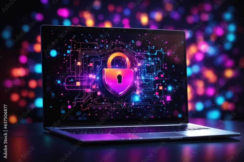 Poster laptop on the screen lock cyber security data. ai generative