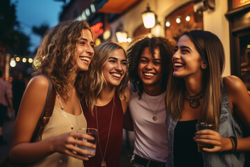 Naklejka premium Lifestyle and friendship concept. Multi ethnic guys and girls spending time together. Happy life style friendship concept. Young multicultural people having fun time together in city. Generative AI
