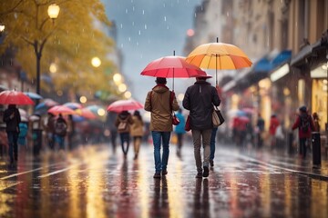 people with an umbrella on the street in raining. ai generative