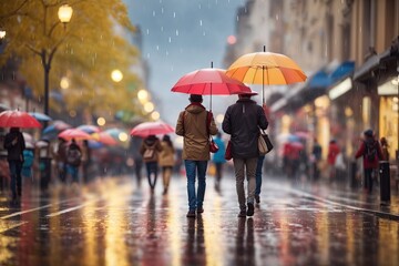 Obraz premium people with an umbrella on the street in raining. ai generative