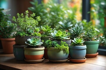 pots with indoor plants succulent green herbs. ai generative