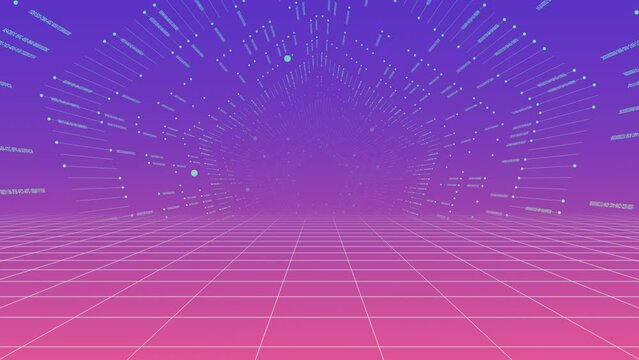 Futuristic animation of seamless empty virtual space with ramp background scrolling wireframe floor and digital tunnel, 4K abstract animated background