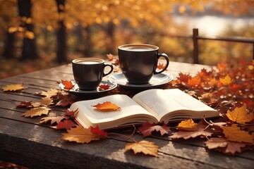 Naklejka na ściany i meble an open book and cup of coffee on a table with autumn leaves. ai generative