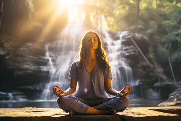 Young woman meditating and doing yoga practicing at sunrise on waterfall background. 